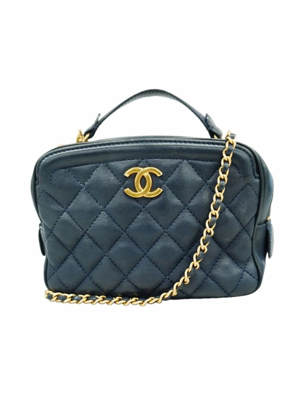 Chanel Handbag Quilted Lambskin Navy Gold 2-Way Bag